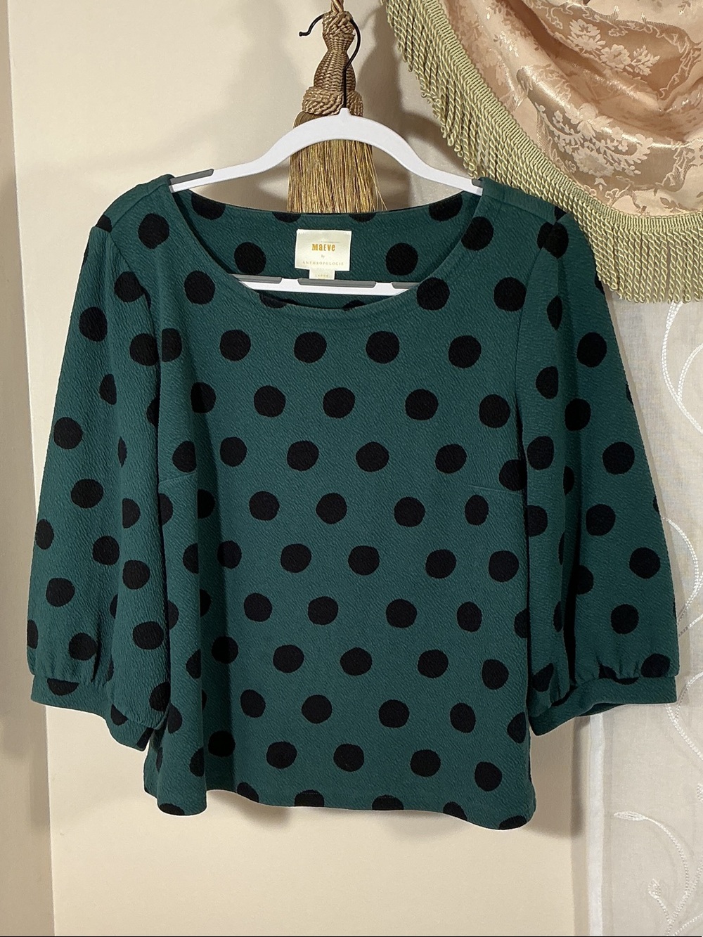 Maeve by Anthropology Teal Green Polka Dot Blouse with Black Dots Sz L Cotton